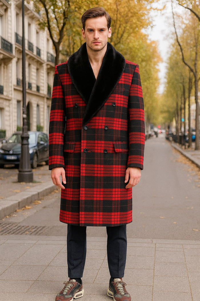 Mens Red and Black Plaid Wool Overcoat with Black Faux Fur Shawl Collar  Double-Breasted Winter Coat - Tartan Design