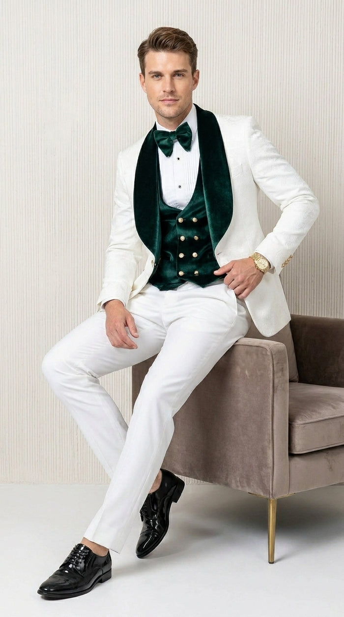 Men’s White and Green Tuxedo Wedding Suit with Shawl Lapel, Velvet Vest and Pants