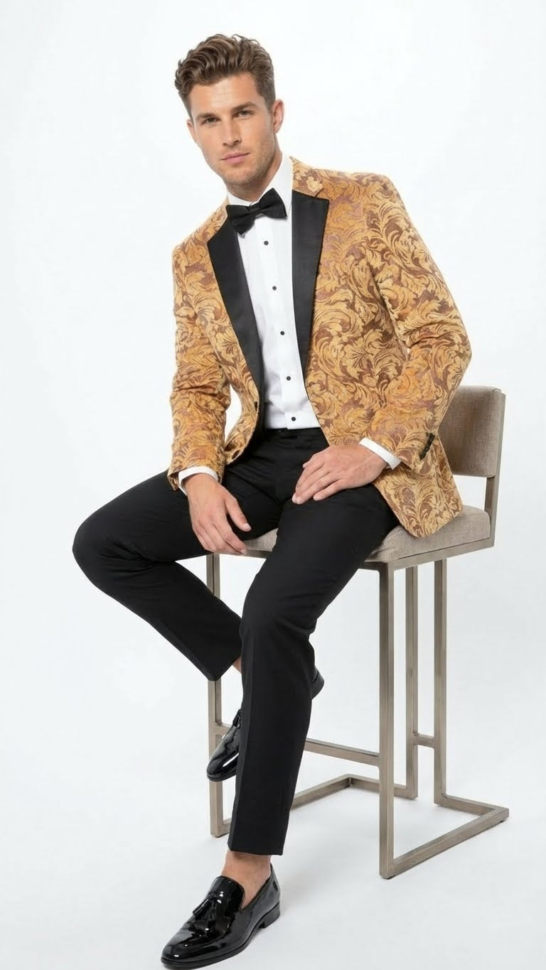 Mens Yellow Gold Baroque Pattern Tuxedo Blazer Suit  Party and Wedding Jacket Prom Paisley Black Pants