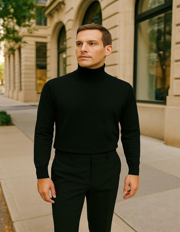 Men's Black Turtleneck Sweater  Classic Slim Fit Knit Pullover for Winter Layering