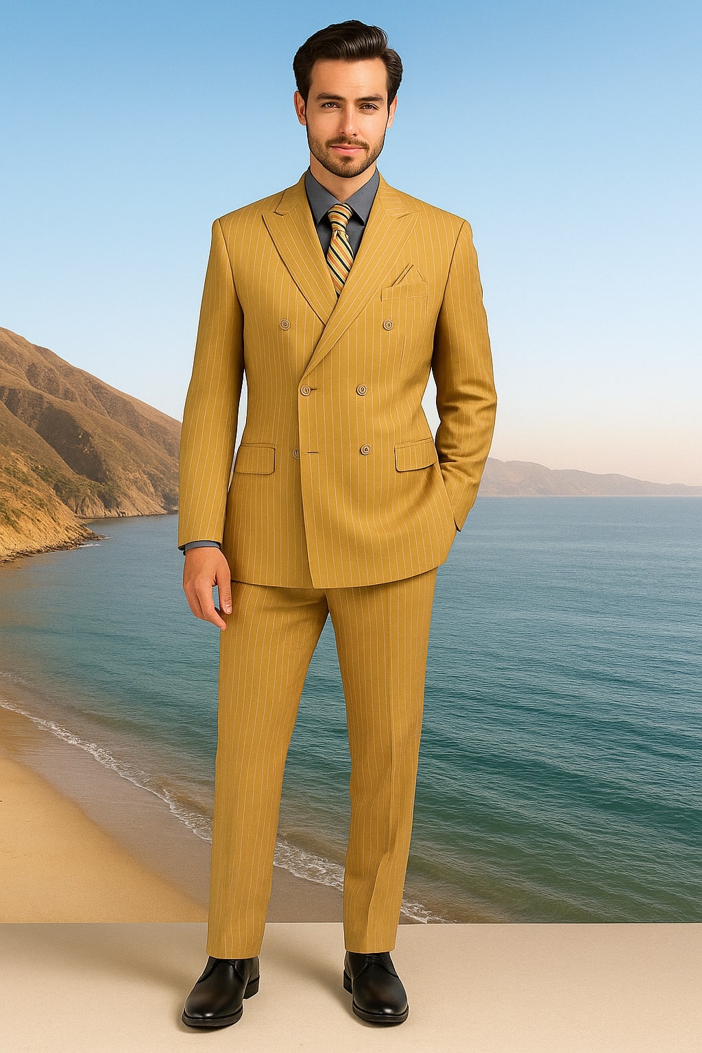 Mens Camel Tan Pinstripe Double-Breasted Suit  Bold 6-Button Modern Vintage Style