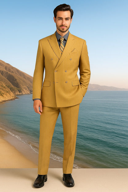 Mens Camel Tan Pinstripe Double-Breasted Suit  Bold 6-Button Modern Vintage Style