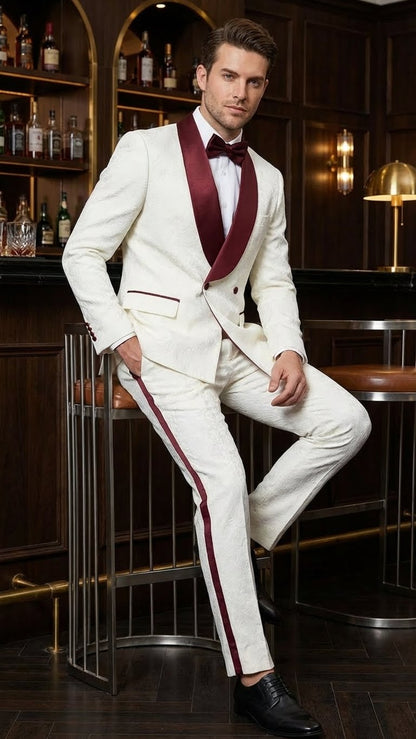 Mens Ivory and Burgundy Jacquard Tuxedo Suit  Luxury Slim Fit 3-Piece Formal Wedding, Prom, and Gala Outfit in Cream Off White Color