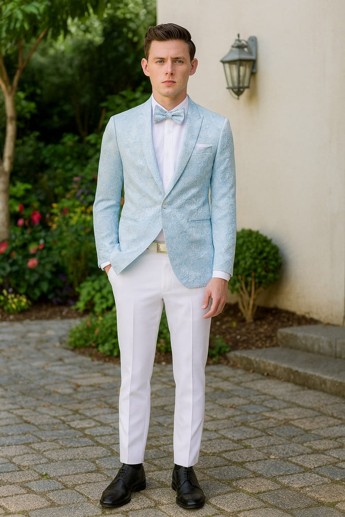 Mens Light Blue Paisley Tuxedo Jacket with Matching Bow Tie  Slim Fit Blazer for Weddings, Prom, and Formal Events