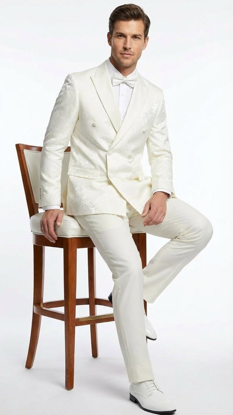 Mens Ivory Double Breasted Tuxedo Dinner Jacket  Textured Blazer Paisley Texture Pattern in Off White Cream Color  Bowtie