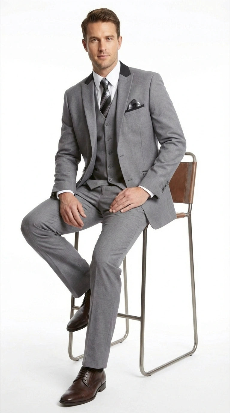Men’s Light Gray Three Piece Suit with Black Chesterfield Collar  – Classic Formal Wedding and Business Suit Set 1920s Vintage