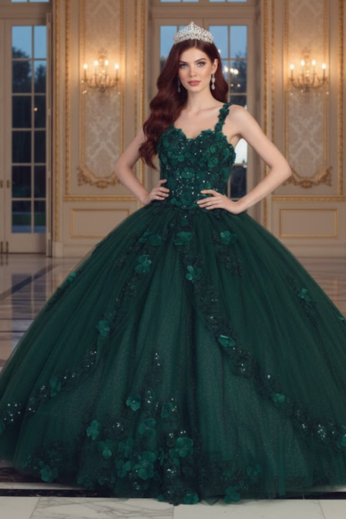 Sleeveless Glitter Floral Ball Quinceanera Gown
