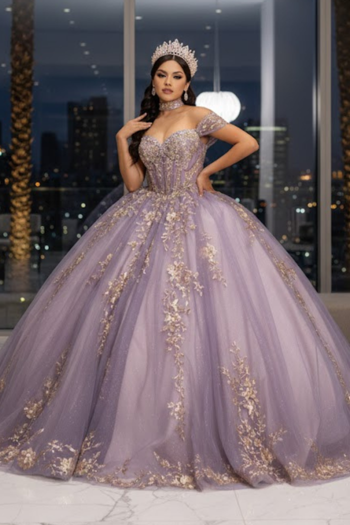 Quinceañera Ball Gown Off Shoulder Glitter Tulle Dress with 3D Floral Appliqués Long Train by Layla K LK292