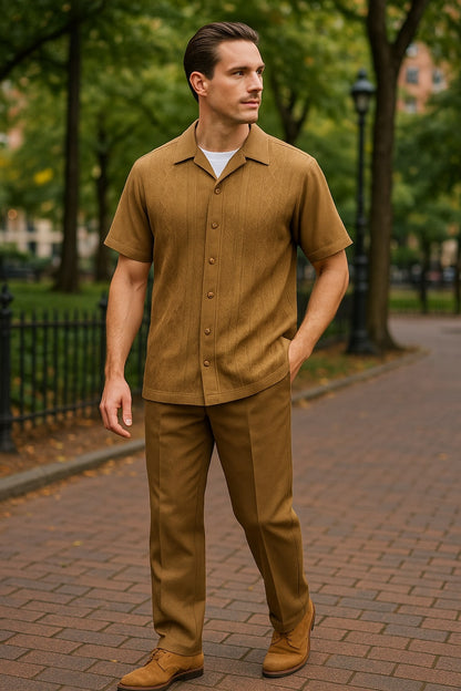 Mens Mocha Brown Short Sleeve Knit Walking Suit  Two-Piece Casual Button Down Set in Taupe Coffee Color