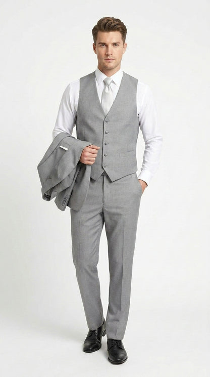 Men’s Light Grey Vested Tuxedo with One Button Jacket, Peak Lapel and Matching Pants