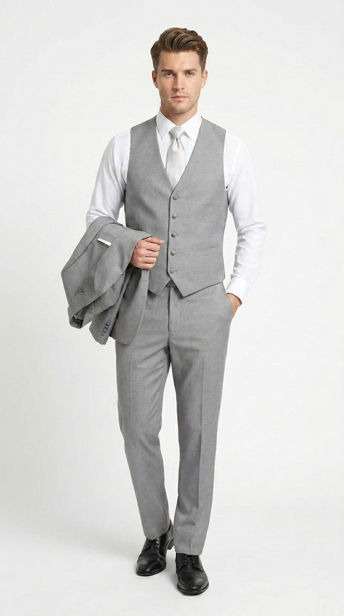 Men’s Light Grey Vested Tuxedo with One Button Jacket, Peak Lapel and Matching Pants