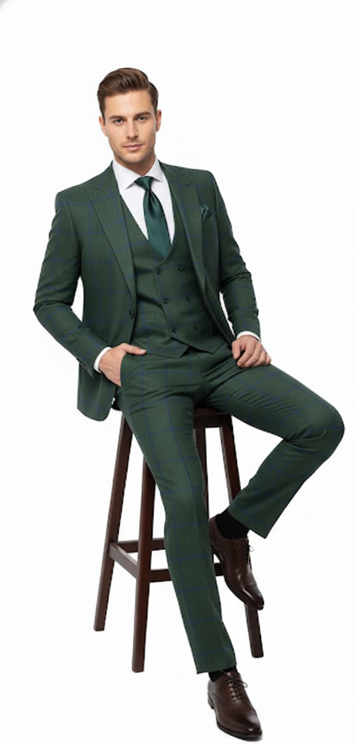 Mens Green Plaid 3-Piece Suit  Classic Check Slim Fit Suit for Weddings, Church, and Formal By Rossiman