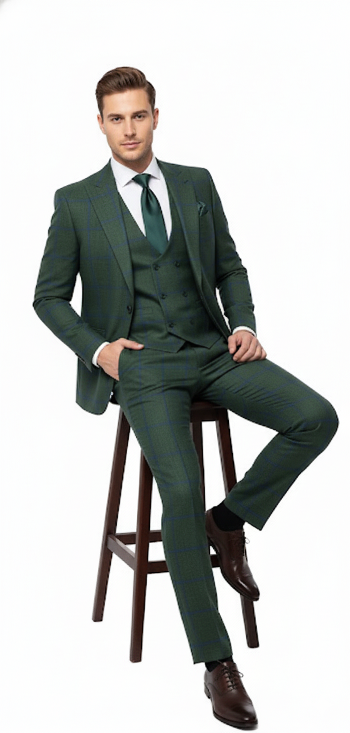 Mens Green Plaid 3-Piece Suit  Classic Check Slim Fit Suit for Weddings, Church, and Formal By Rossiman