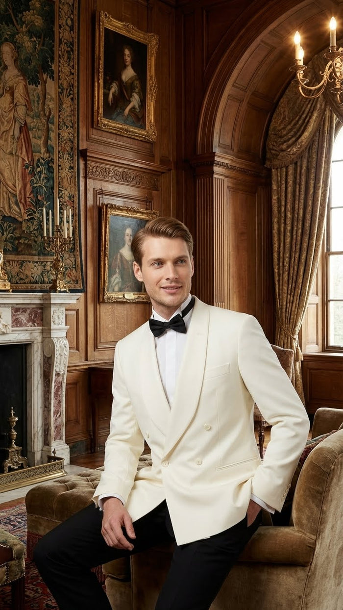 Mens Ivory Double-Breasted Shawl Lapel Tuxedo Jacket | Premium Formal Dinner Jacket for Weddings and Black-Tie Events