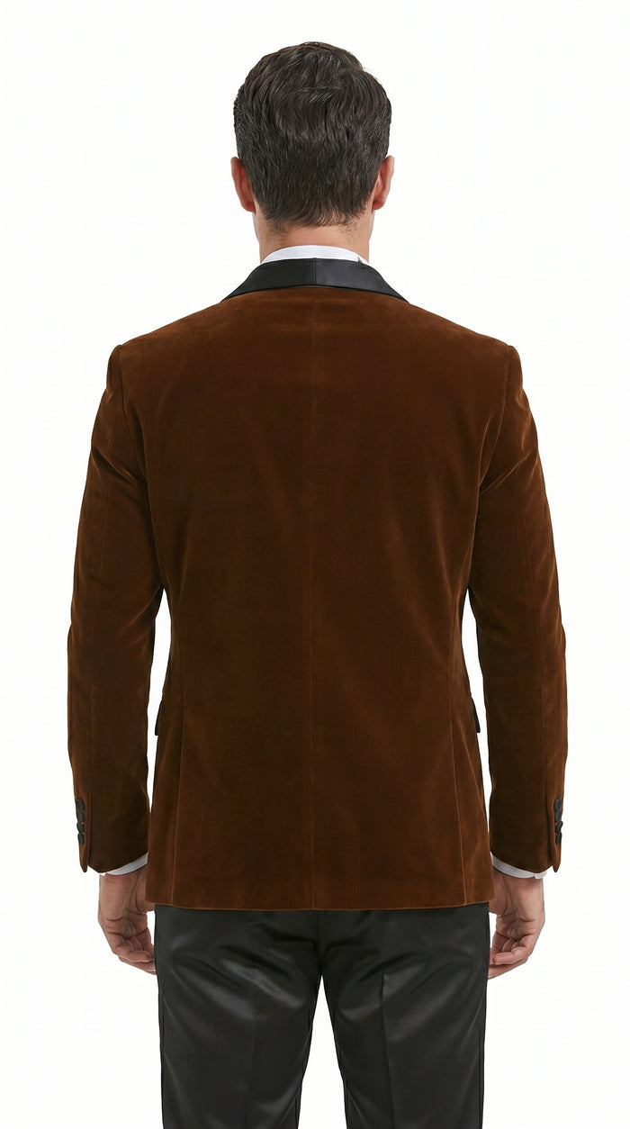 Men’s Brown Camel Bronze Velvet Tuxedo Jacket, Shawl Lapel Wedding Prom Dinner Blazer - Blazer Sportcoat