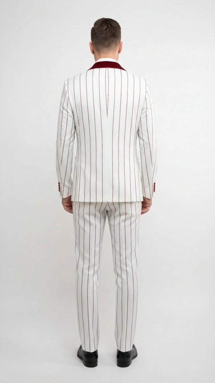 Mens White and Dark Red Pinstripe Tuxedo with Velvet Shawl Lapel  Formal Dinner Blazer Prom Christmas New Year Holiday Suit