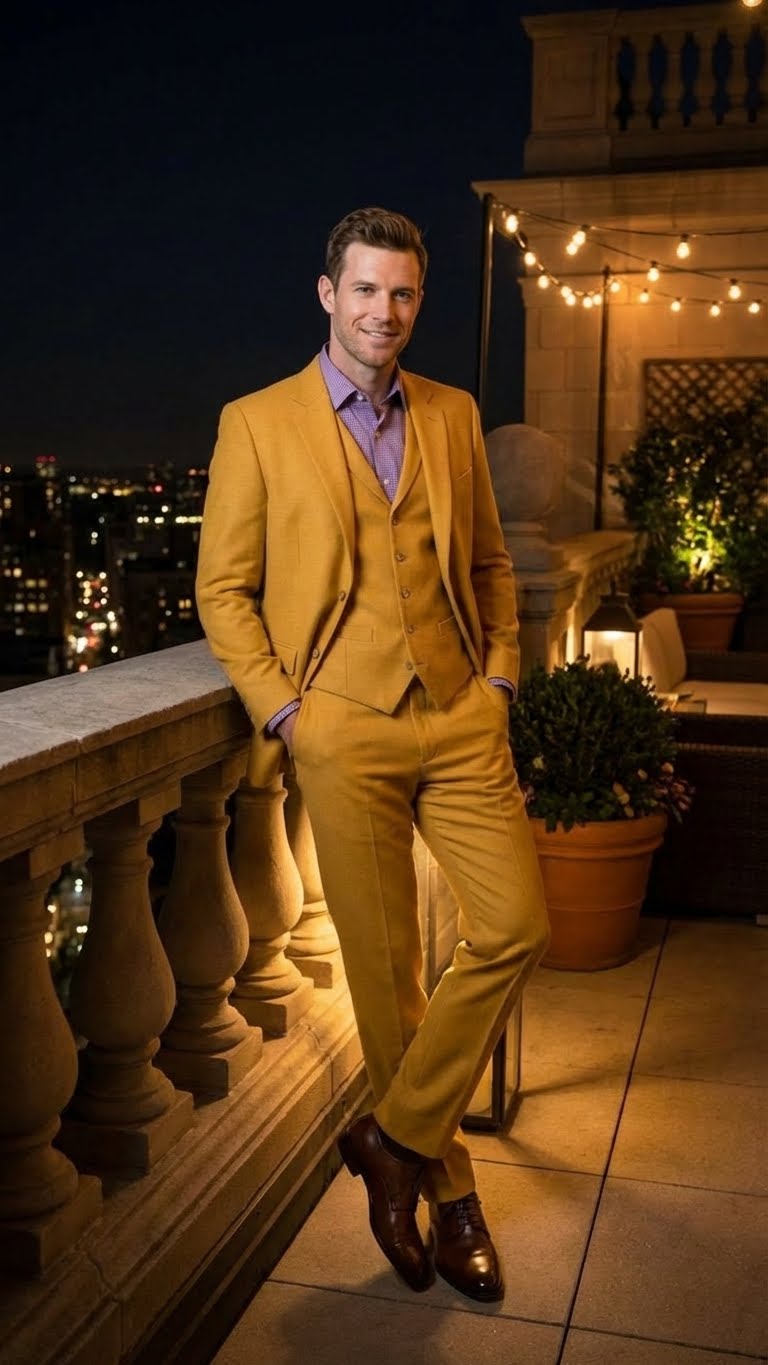 Mens Mustard Yellow Three Piece Suit | 2 Button Notch Lapel Modern Fit in Gold Color - Church Suit