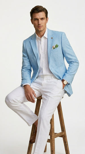 Men's Sky Blue Linen Style Summer Blazer With Two Button Front, Lightweight Wedding Sport Coat for Men