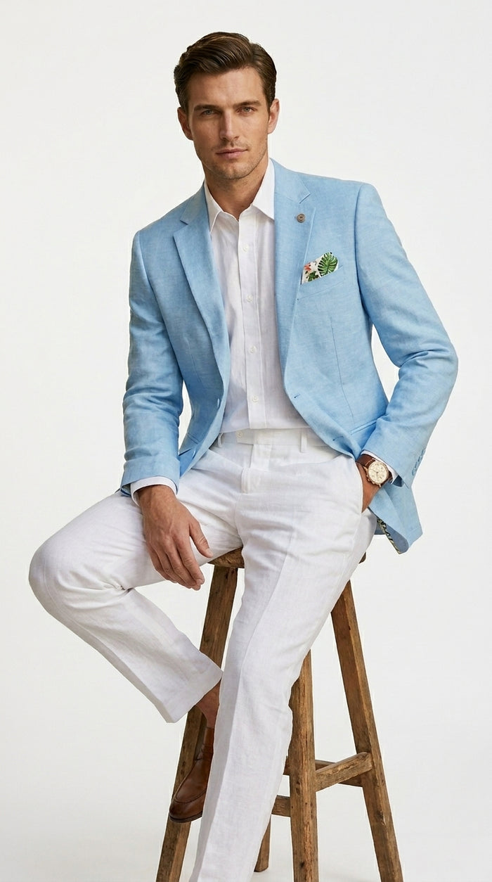 Men’s Sky Blue Linen Style Summer Blazer with Two Button Front, Lightweight Wedding Sport Coat