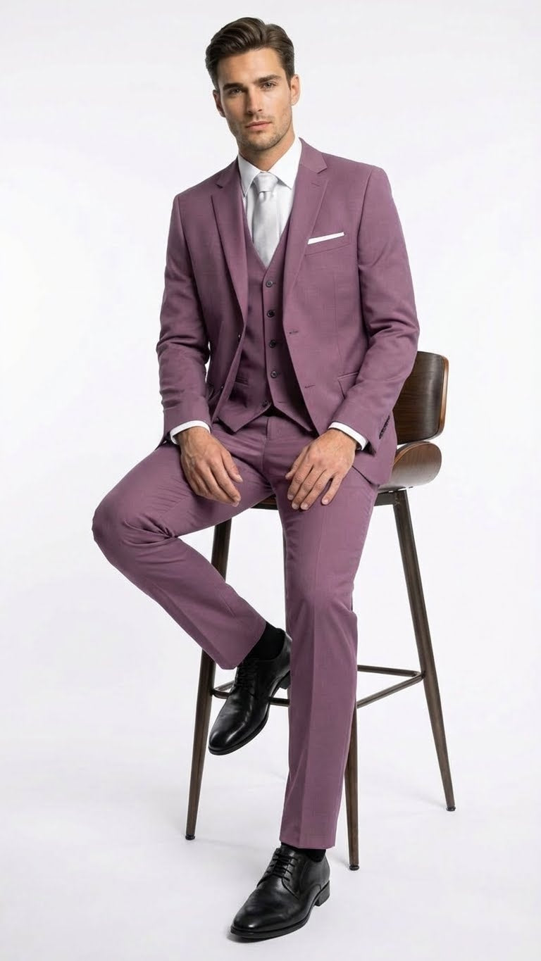 Mens Mauve Three-Piece Suit  Slim Fit Formal Blazer, Vest, and Trousers for Weddings Rose Gold Pinkish Color