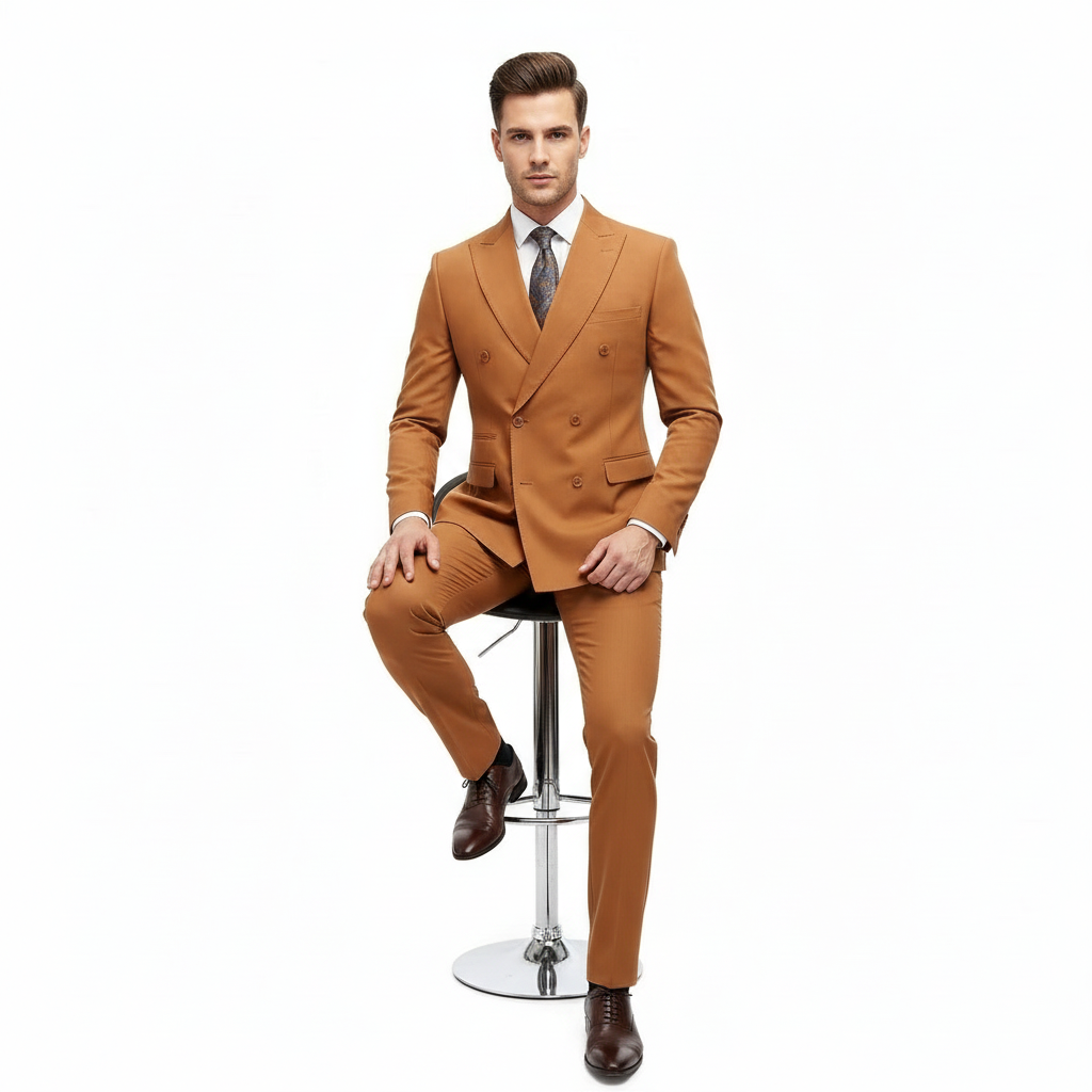 Mens Vitali Brand Rustish Orange Brown Copper Color Double Breasted Slim Fit Suit