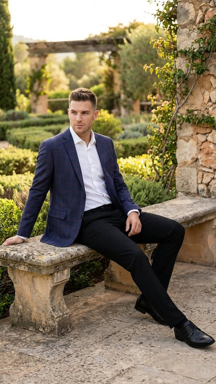 Mens Big and Tall Navy Blue with Burgundy Plaid Jacket and Sport Coat  Wool Blazer