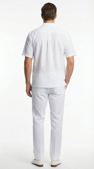 Mens White Seersucker Walking Suit Set – Casual Summer Short Sleeve Outfit with Matching Pants Lightweight Two Piece Set
