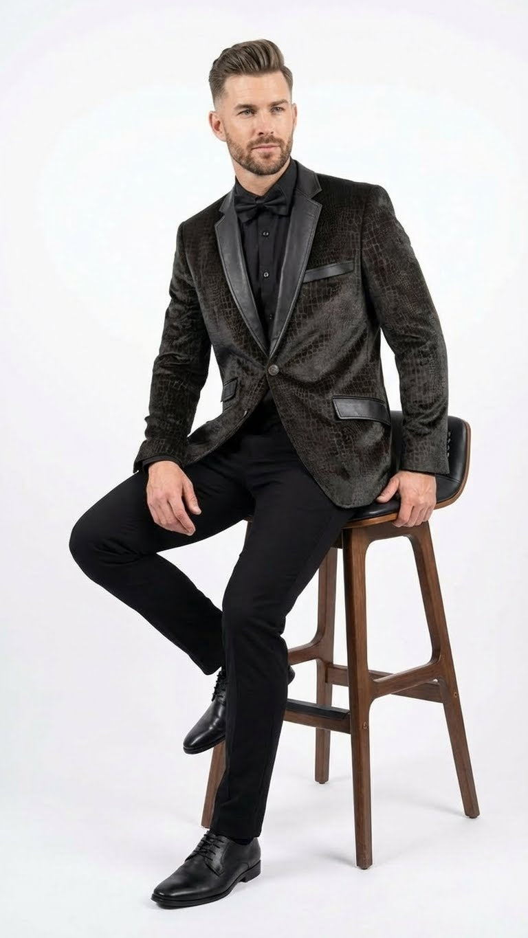 Mens Crocodile Alligator Exotic skin Texture Blazer  Slim Fit Designer Jacket with Satin Lapels for Formal and Party Wear in Black Color