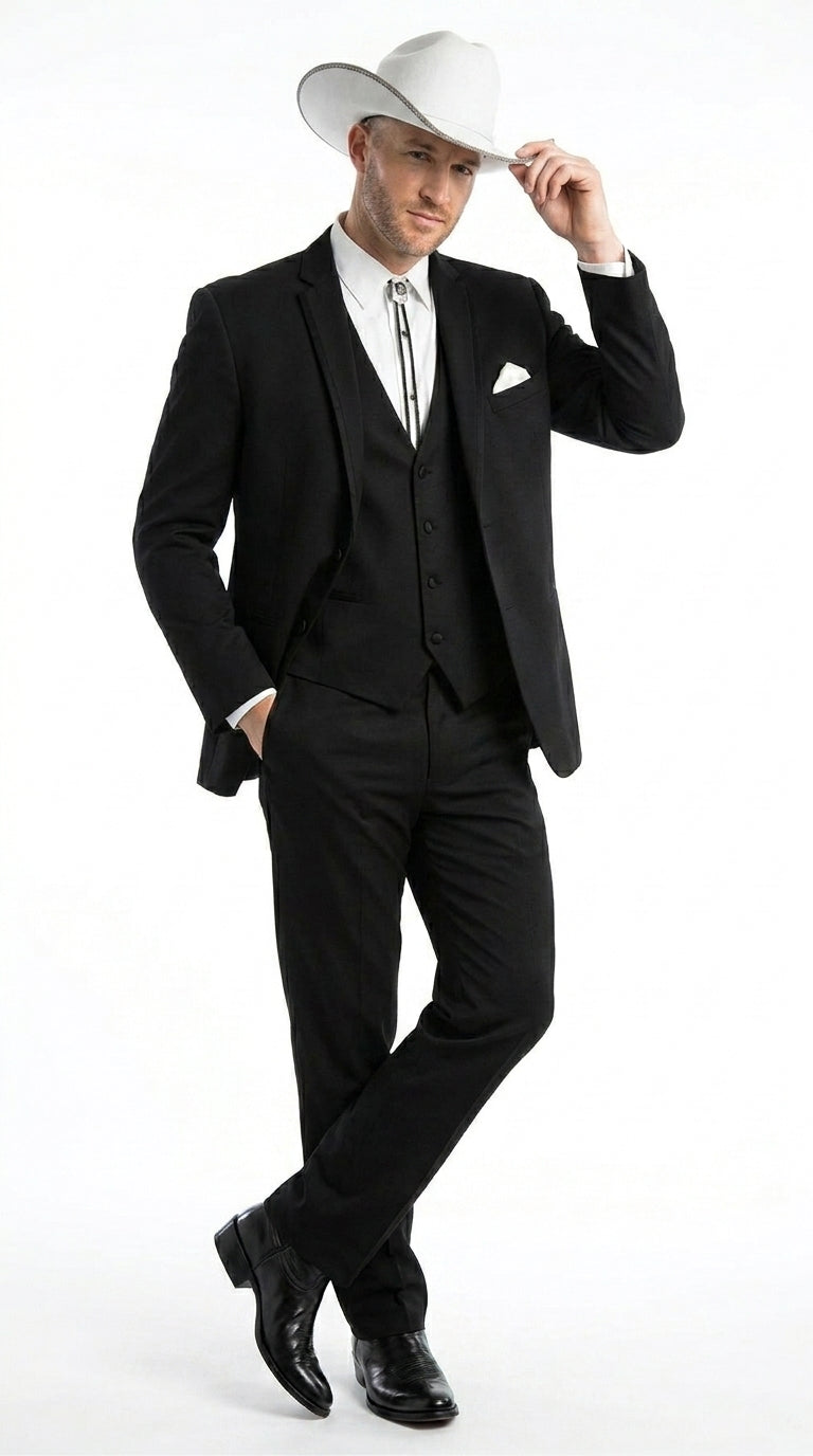 Men’s Black Western Wedding Suit with Vest and Pants, Cowboy Tuxedo Formal Dress Suit