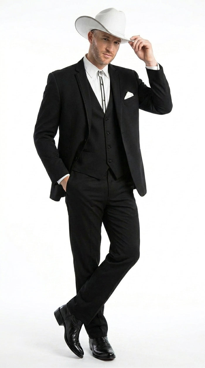 Men’s Black Western Wedding Suit with Vest and Pants, Cowboy Tuxedo Formal Dress Suit