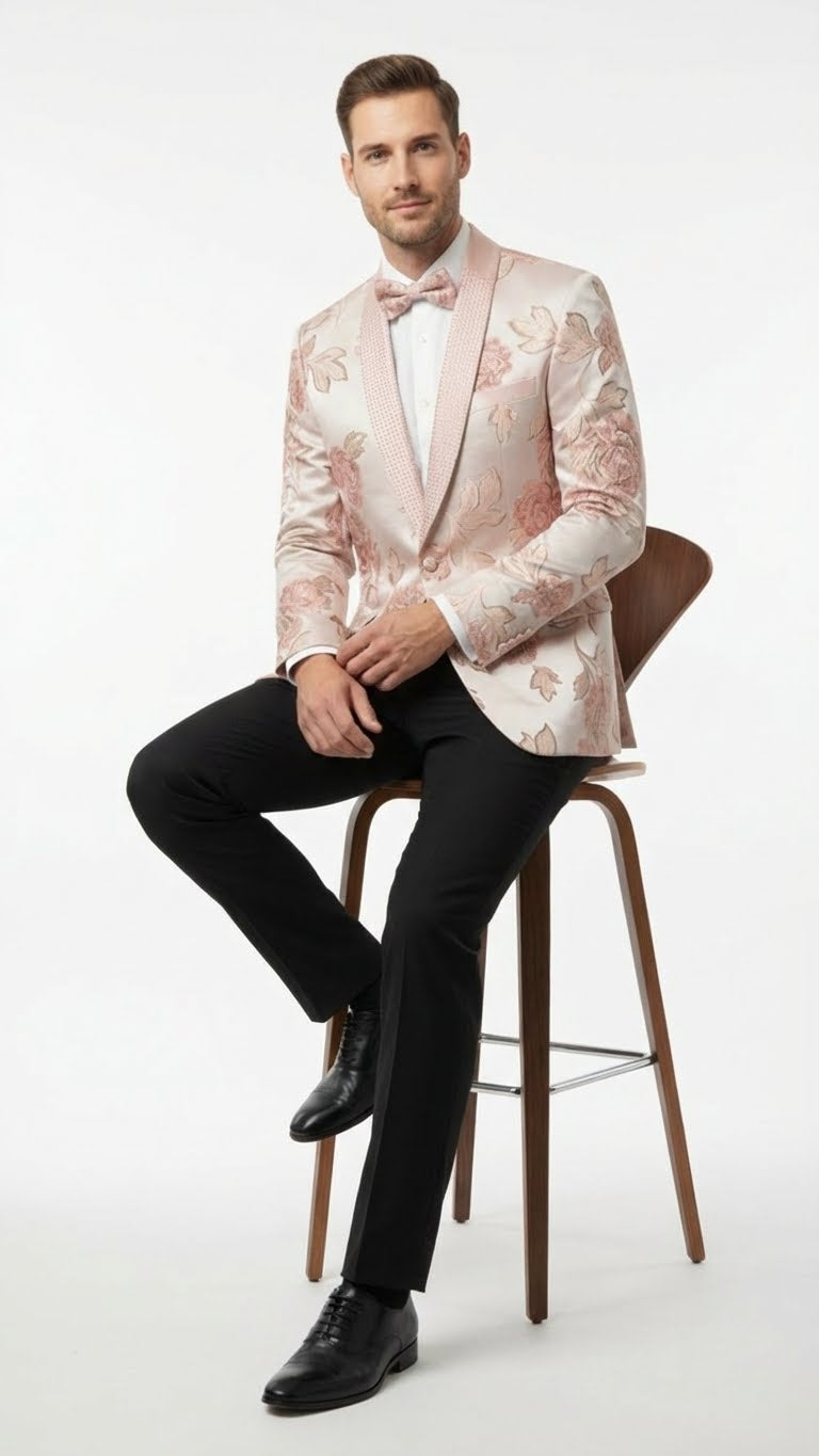 Mens Pink Blush Floral Jacquard Blazer with Embellished Shawl Lapel  Luxury Party and Wedding Wear Jacket