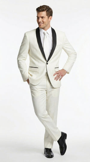Men’s Ivory and Black Shawl Tuxedo Suit with Jacket and Pants, Formal Wedding Dinner Suit