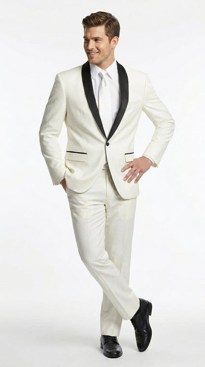Men’s Ivory and Black Shawl Tuxedo Suit with Jacket and Pants, Formal Wedding Dinner Suit