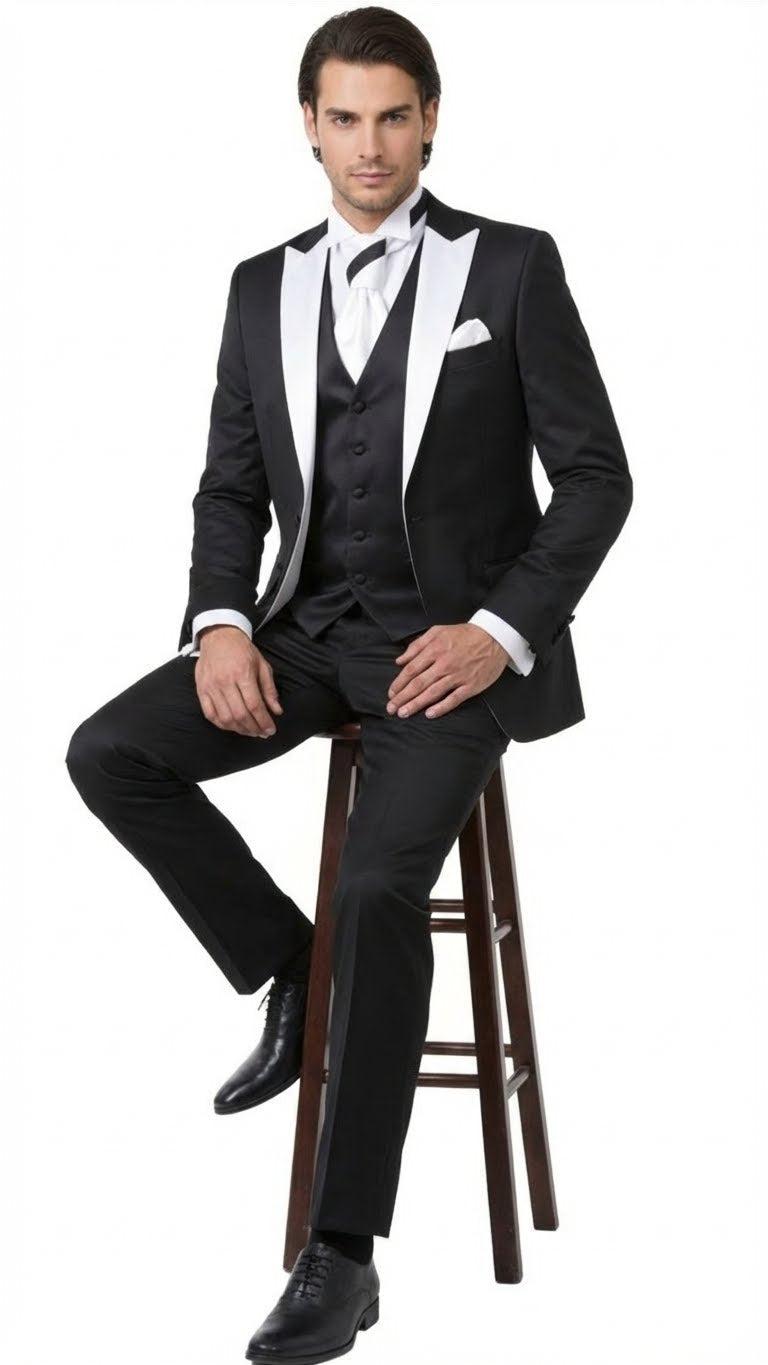 Mens Black and White Lapel Prom Tuxedo Suit  Black Vest  Black Pants Peak Lapel