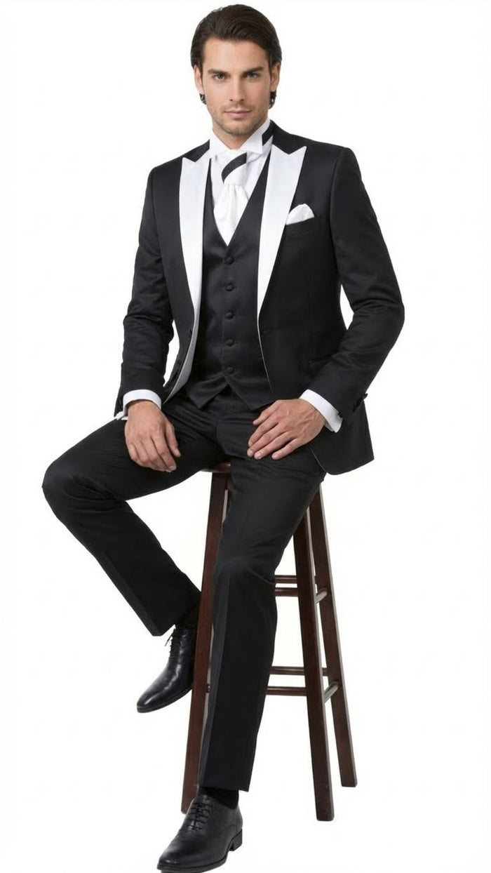 Mens Black and White Lapel Prom Tuxedo Suit  Black Vest  Black Pants Peak Lapel
