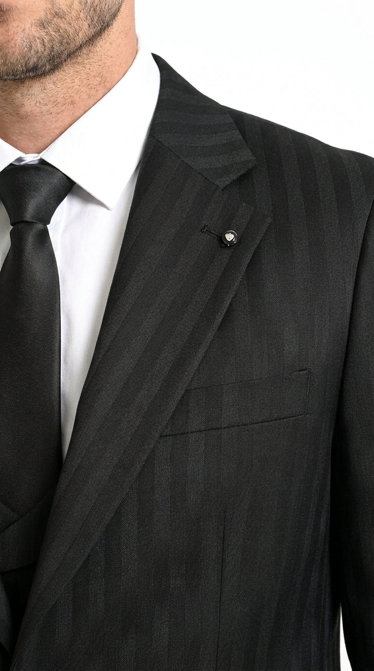 Men’s Black Tonal Shadow Pinstripe Vested Suit – 3 Piece Classic Fit Formal Wedding & Business Suit By Vitali