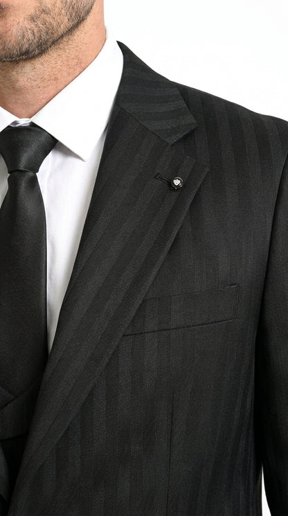 Men’s Black Tonal Shadow Pinstripe Vested Suit – 3 Piece Classic Fit Formal Wedding & Business Suit By Vitali