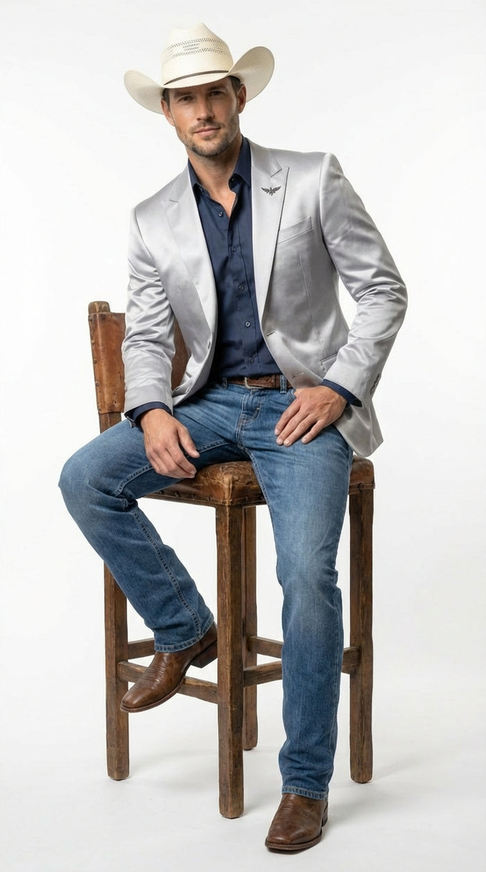 Men's Shiny Silver Cowboy Blazer – Western Style Satin Finish Blazer for Party, Country Events and Evening Wear