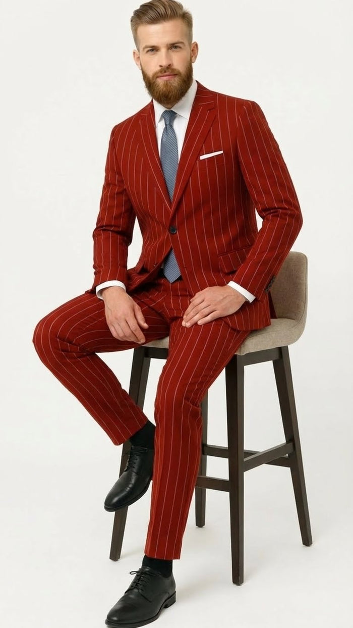 Men's Red Pinstripe Suit - Stripe Two-Button Vested Suit 2 Buttons