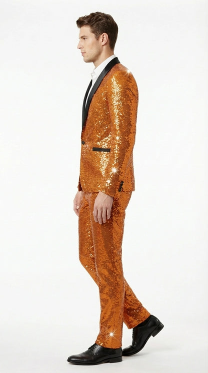 Mens Orange Sequin Tuxedo Suit – Shiny Wedding Suit Set with Black Lapel for Prom, Party, Gala and Formal Evening Wear - Goldish Orange