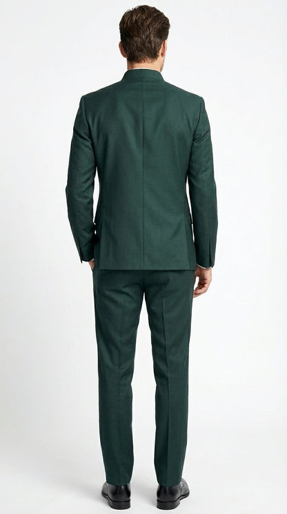 Men’s Olive Green Tuxedo Mandarin Collar Suit – Modern Nehru Style Formal Suit for Wedding Banded Collar