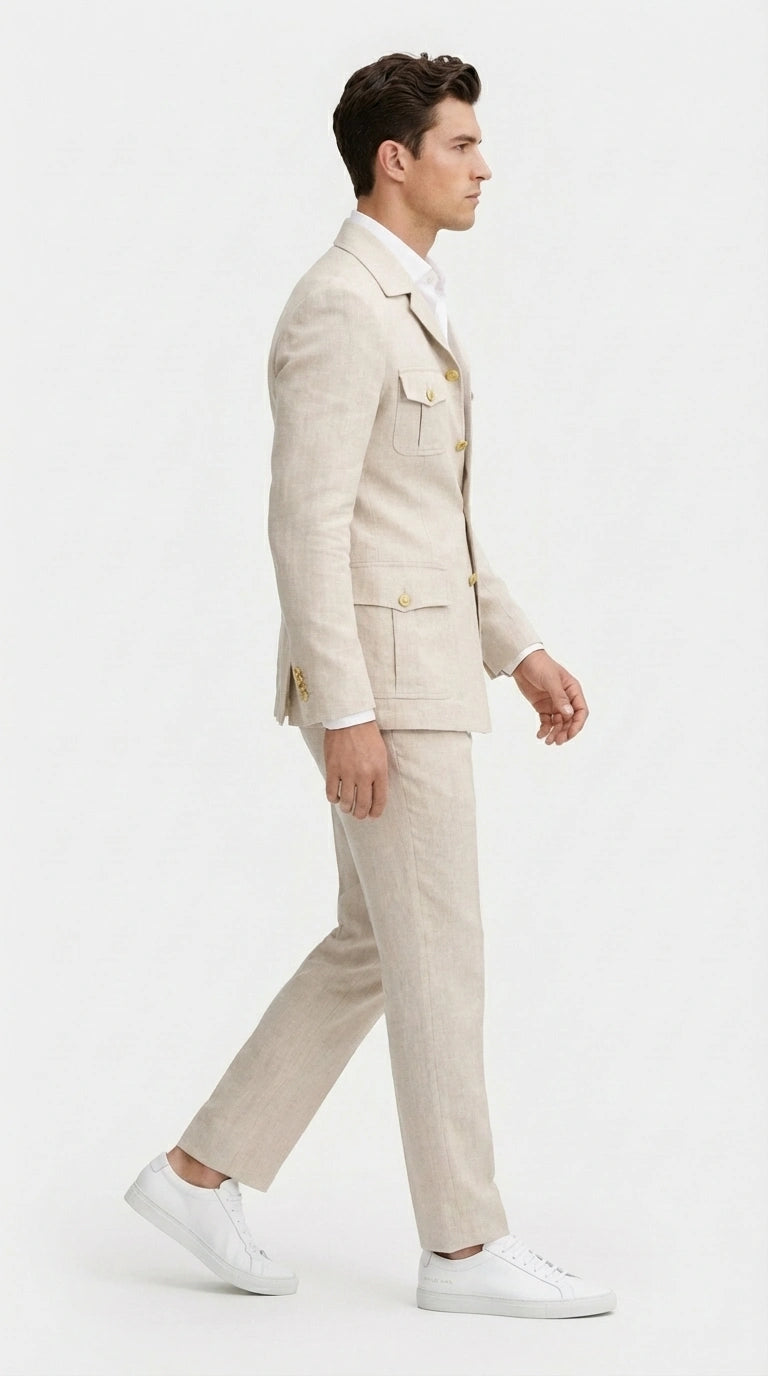 Mens Tan Beige Safari Military Walking Suit Set – Casual Two Piece Outfit Lightweight Summer Blazer and Pants Set Classic Casua Wear