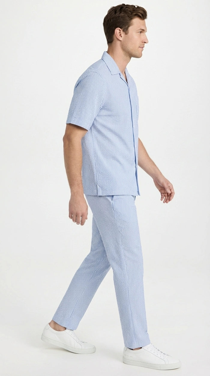 Mens Light Blue Seersucker Walking Suit Set – Casual Summer Short Sleeve Outfit with Matching Pants Lightweight Two Piece Set