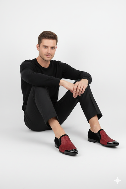 Mens Red Glitter Tuxedo Loafers  Shiny Slip-On Dress Shoes with Black Patent Toe for Parties and Formal Events