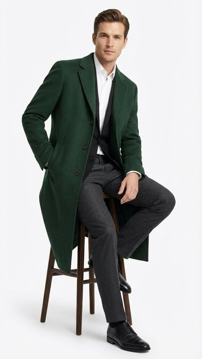 Mens Hunter Green Full-Length Wool Overcoat  Classic Winter Dress Coat for Formal and Casual Wear Topcoat Mens Wintercoat