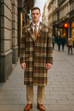 Mens Vintage Plaid Overcoat Wool Fabric  Classic Retro Long Coat in Brown And Camel and Beige Color
