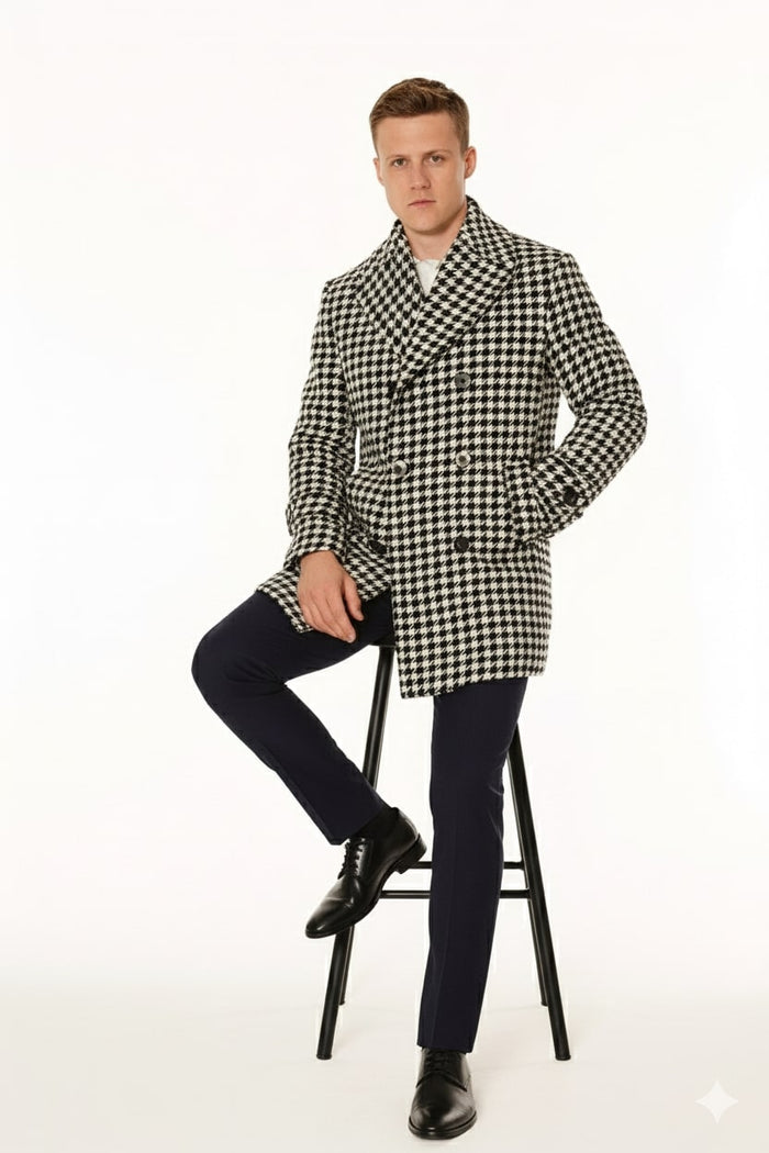 Mens Houndstooth Double-Breasted Overcoats  Classic Black and White Wool Blend Peacoat Wool Fabric