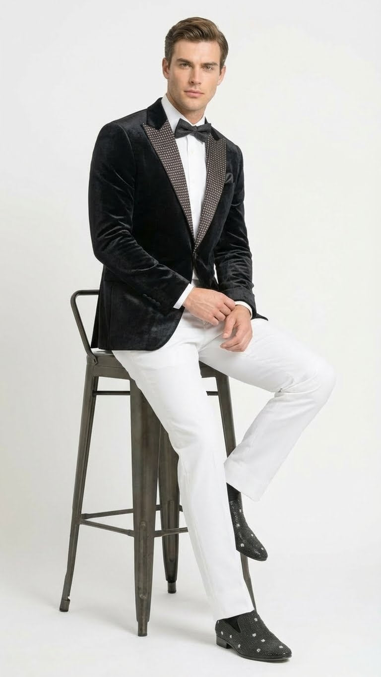 Mens Black Velvet Tuxedo Blazer with Studded Lapel  Formal Evening Jacket