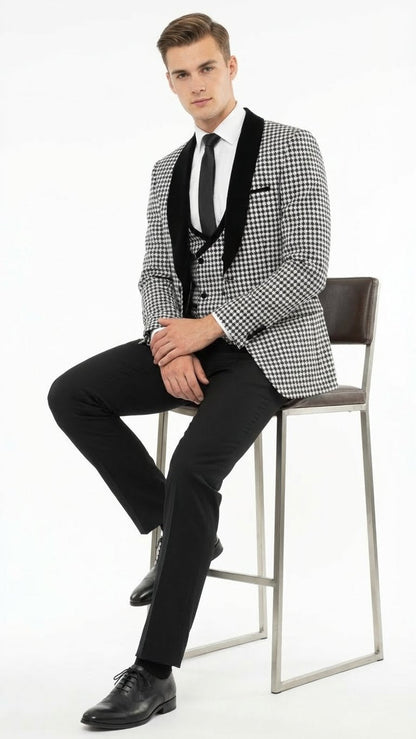 Mens Black and White Houndstooth Tuxedo Set with Velvet Shawl Lapel | 3-Piece Formal Suit with Double-Breasted Vest