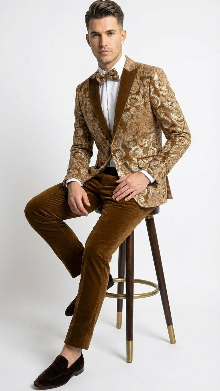Mens Goldish Light brown Tuxedo dinner Jacket Embroidered Blazer  Velvet Jacket for Formal Paisley Pattern Coffee Mocca Color